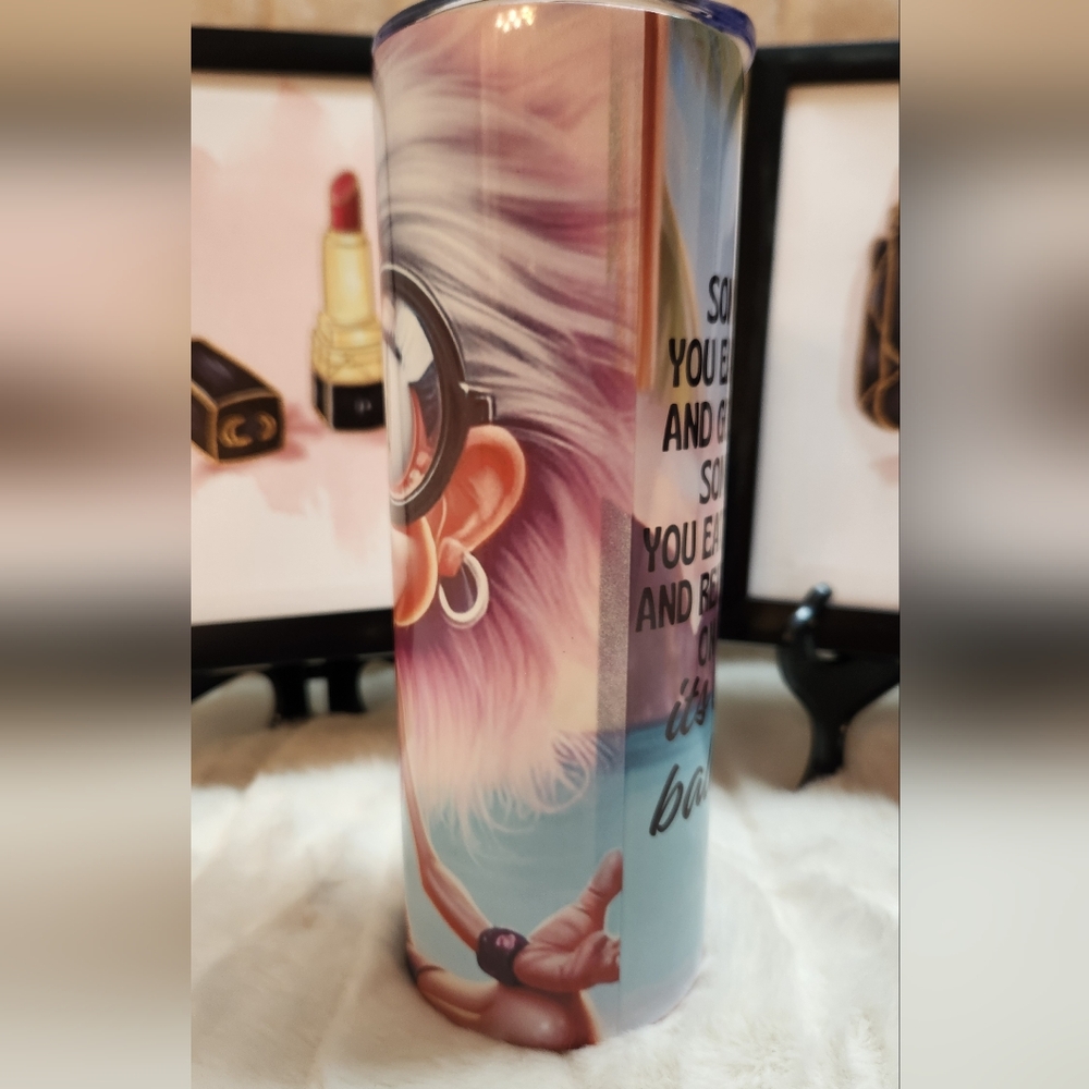 Colorful Cartoon Older Woman Character Doing YOGA Tumbler. Hand Crafted 20oz - Picture 5 of 7